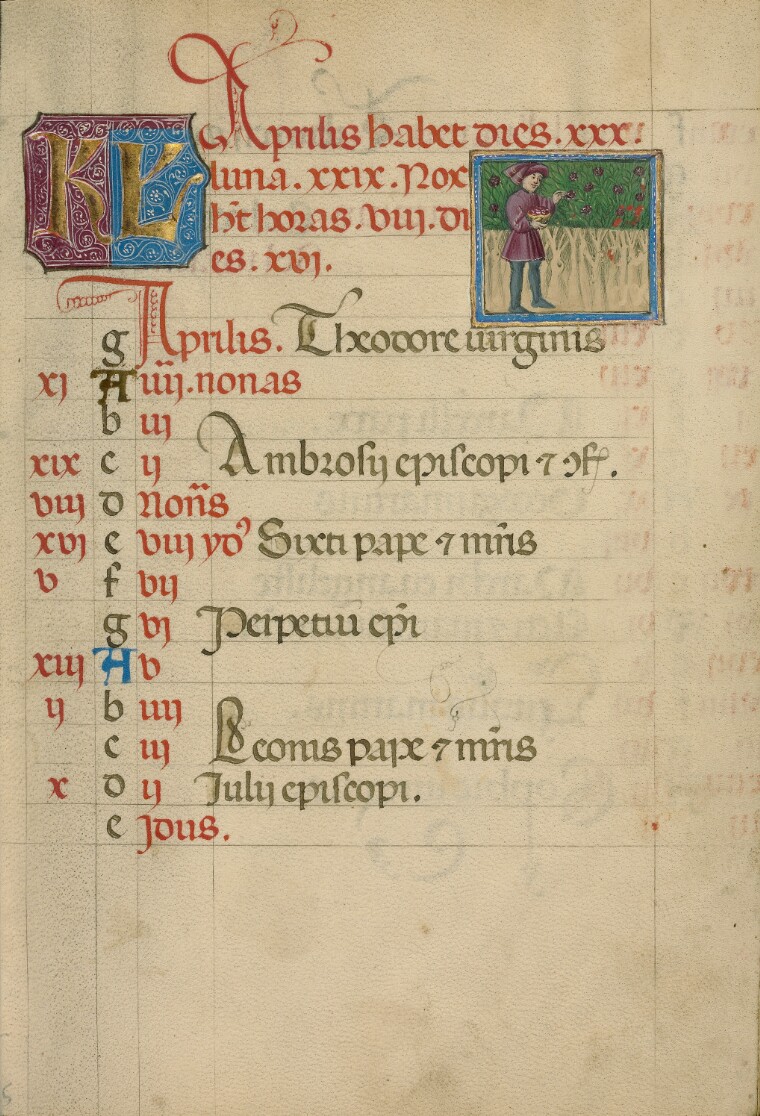 April Calendar Page; Gathering Flowers (Ms. Ludwig IX 12 (83.ML.108), fol. 5)
