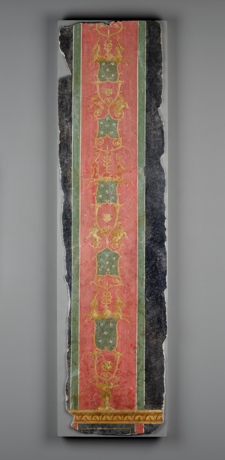 Wall Fragment with Red Stripe which carries Vines and Flowers set against Black Ground (72.AG.78.10)