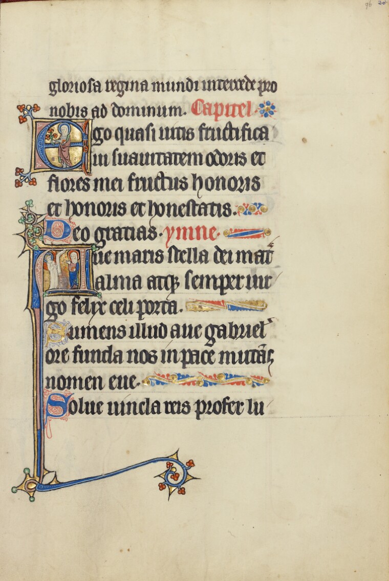 Initial E: A Female Saint (Mary?) with a Book and Flowers; Initial A: The Annunciation (Ms. Ludwig IX 3 (83.ML.99), fol. 96)