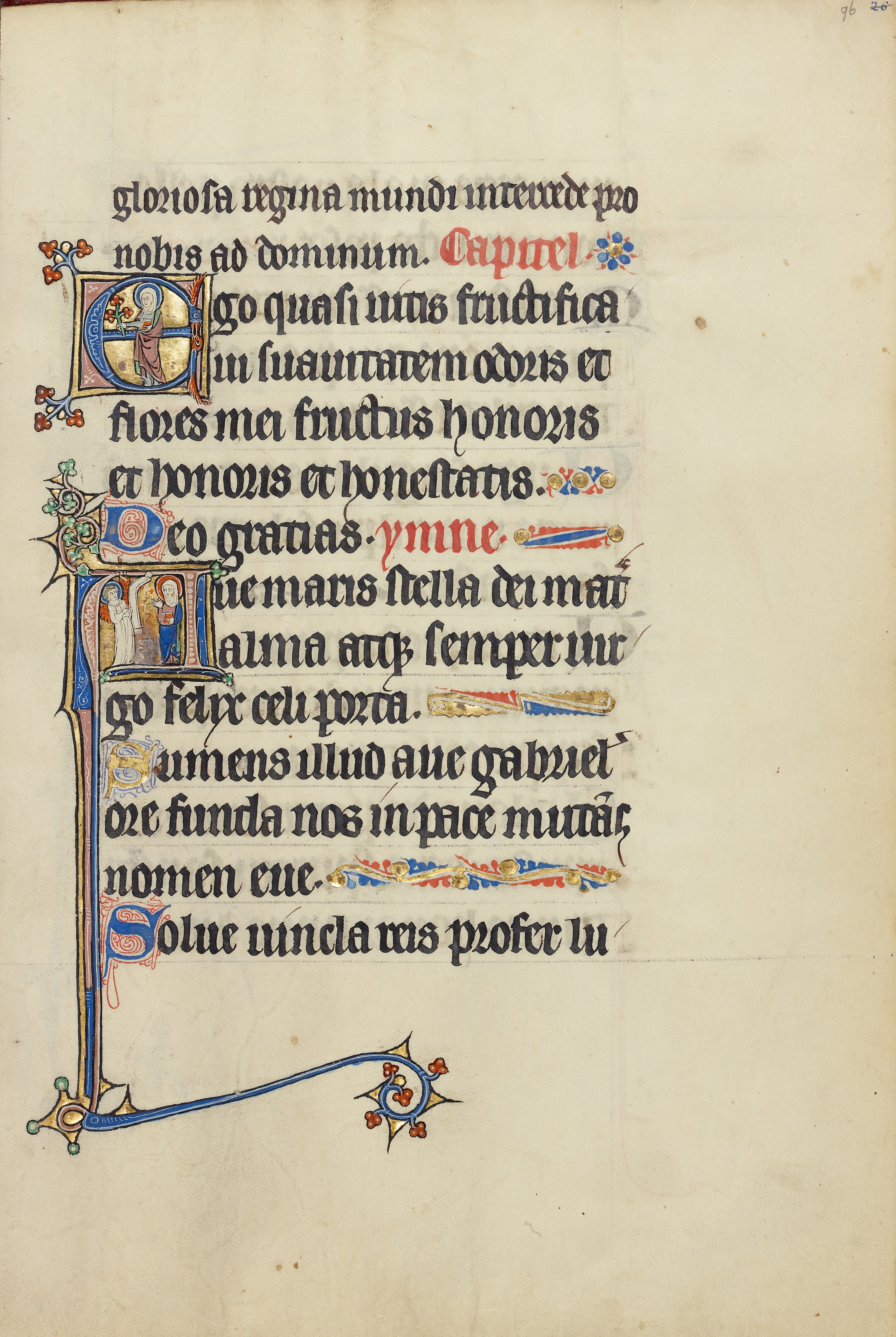 Initial E: A Female Saint (Mary?) with a Book and Flowers; Initial A: The Annunciation (Ms. Ludwig IX 3 (83.ML.99), fol. 96)