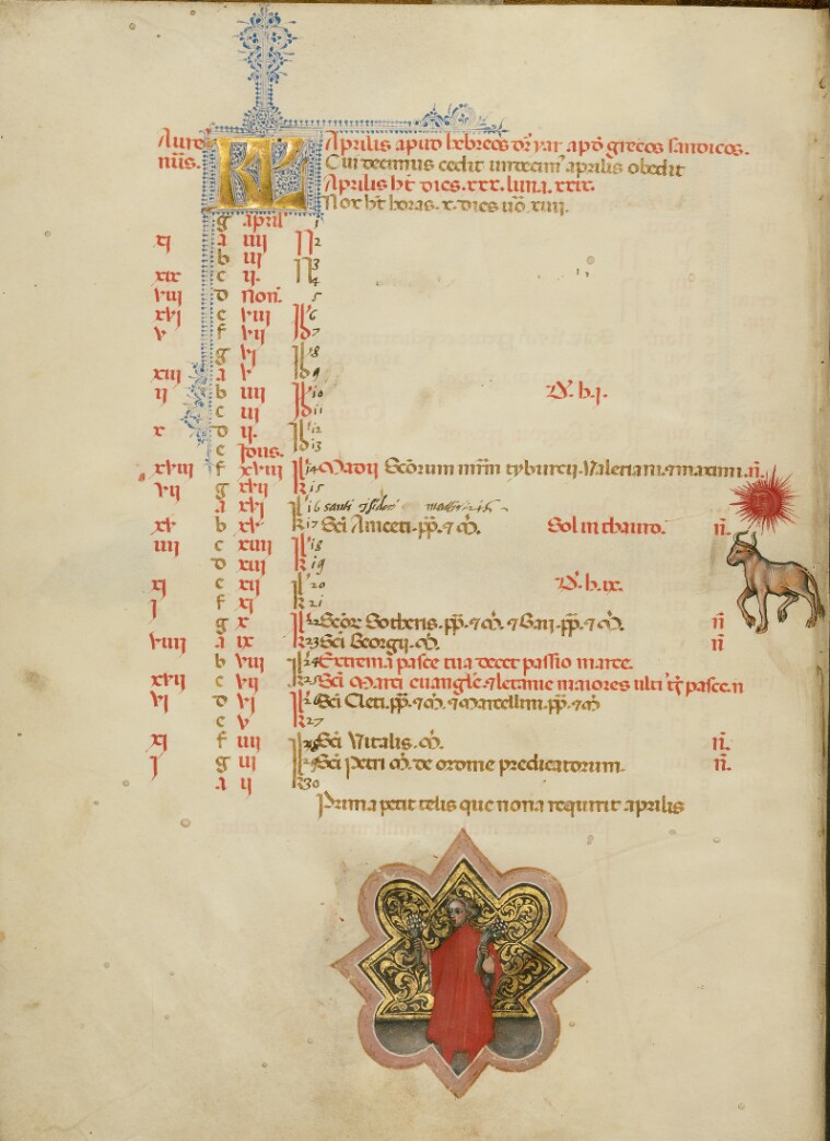 A Man Holding Two Bunches of Flowers; Zodiacal Sign of Taurus (Ms. 34 (88.MG.71), fol. 2v)